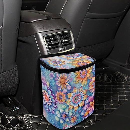 Car Trash Can with Lid Collapsible Waterproof Cars Garage Bag Reusable Hanging Automotive Garbage Bin Cars Accessories Interior Car Organizer, Mandala Flower Pattern