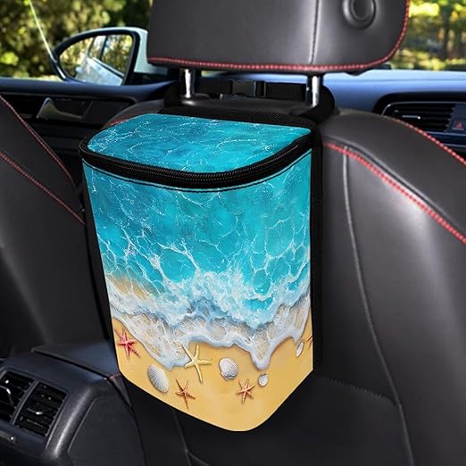 KEIAHUAN Beach Theme Starfish Car Trash Can Hanging Foldable Multipurpose Trash Bin Container Storage Bag Grocery Organizer Bag for Back Seat for Outdoor Travelling Home Use