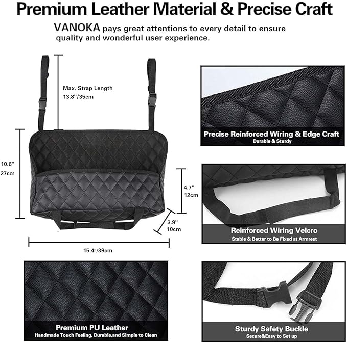 Car Net Pocket Handbag Holder Between Seats, Large Capacity Car Bag Purse Holder, with 2 Headrest Hooks, Heightened Front Railing, Leather Material, Reinforced Wiring, Rear Backseat Organizer