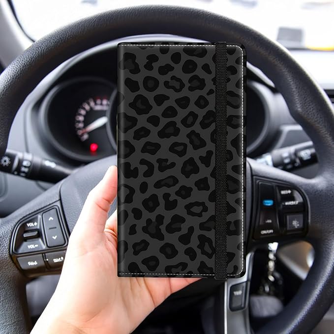 Tudguiloae Car Registration and Insurance Card Holder, Trunk Document Holder Organizer, Essential Vehicle Glove Box Organizer Leather Wallet for Driver, Black Leopard Print