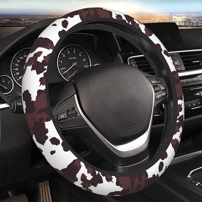 Brown Cow Print Neoprene Steering Wheel Cover for Men Women Anti-Slip Elastic Steering Wheel Protective Cover 15in Universal Car Accessories Fit Cars, SUVs, Auto