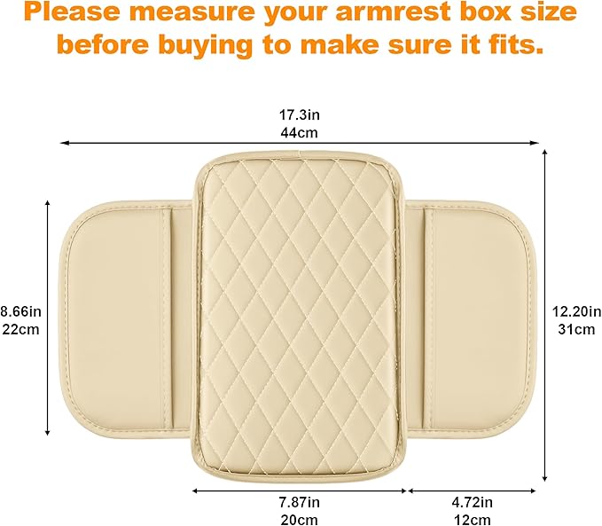 Car Center Console Cover Fit for Mitsubishi Outlander - Upgraded Faux Leather Armrest Cushion with 2 Storage Pockets - Waterproof & Durable Armrest Protector for Car (Beige & Whiteline)