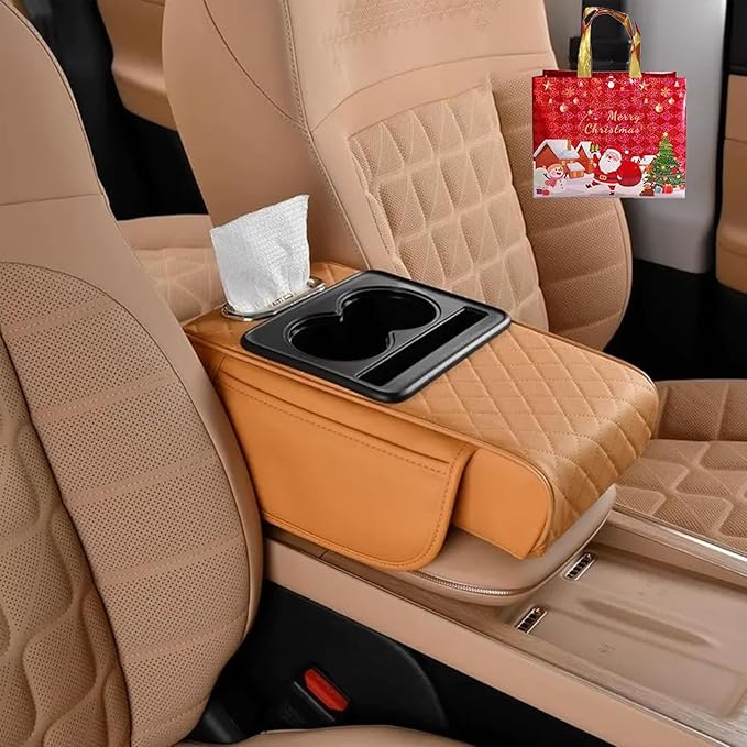 Multifunctional PU Leather Car Armrest Box Mat with Central Elbow, 2026 New Car Armrest Storage Box with Cup Holder, Tissue Box Slot, Phone Slot, Universal Fit (Orange)