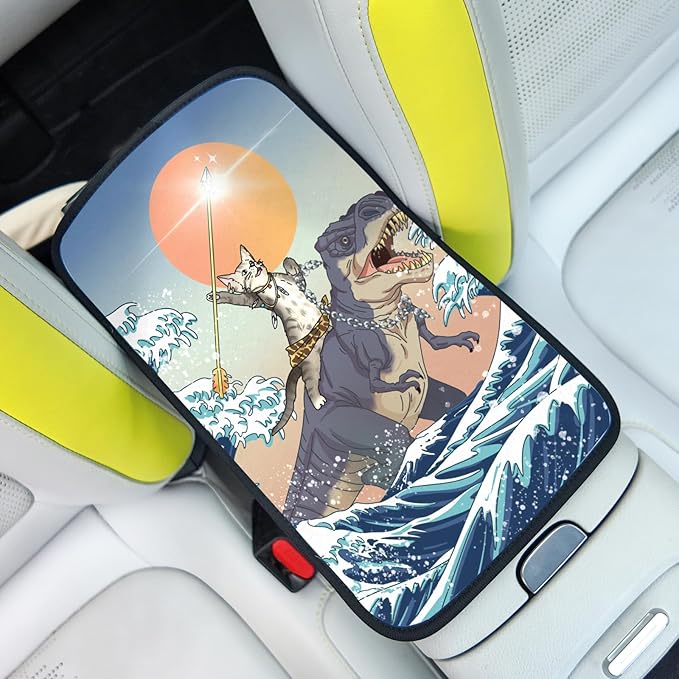 Cat and Dinosaur Car Center Console Cover,Car Armrest Pad Car Armrest Seat Box Cover Protector for Most Vehicle, SUV, Truck, Car