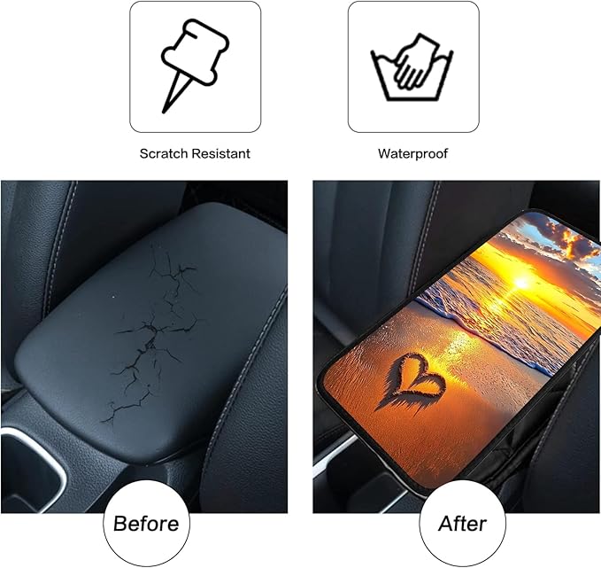 JANENFNA Car Armrest Cover Pads Universal Fashion Cute Auto Center Console Armrest Cover Pad with 2PCS Car Coasters Soft Waterproof Car Armrest Seat Protector for Women,Sunset Heart Beach