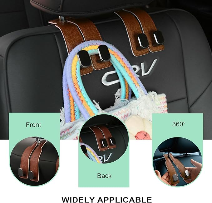 2PCS Car Seat Back Storage Headrest Hooks, Genuine Leather Double Metal Hook for Backseat Organizer for Men Women Car Organization Accessories (Brown -Metal Hook)