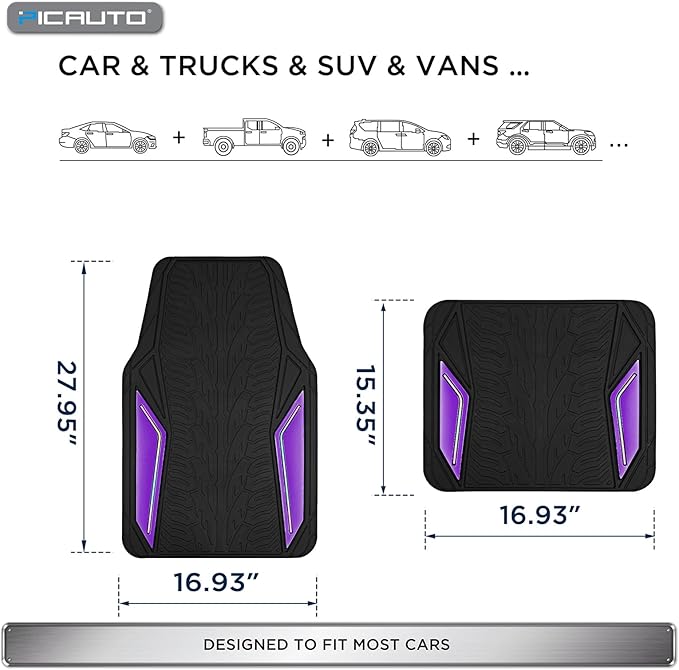 PIC AUTO Rubber Floor Mats, Purple Aluminum Film with Colorful Piping Floor Mats for Cars, Car Mats with Non-Slip Backing, All-Weather Protection, Trim-to-Fit Liner for Cars, SUVs, Trucks, Vehicles
