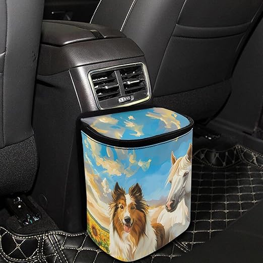 Rustic Style Collie Horse Car Garbage Container, Artistic Vehicle Trash Bin for Animal Lovers Leak-Proof Zipper Design for Back Seat