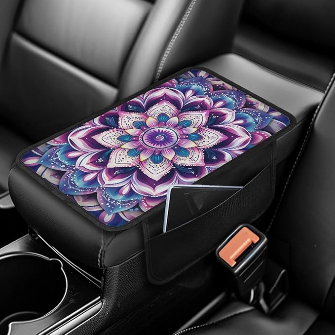 CLOHOMIN Boho Mandala Flower Car Armrest Cover Cushion Pad Decorative Accessories Purple Auto Center Console Cover Pad Universal Car Center Console Armrest Cover Fit for Most Vehicles
