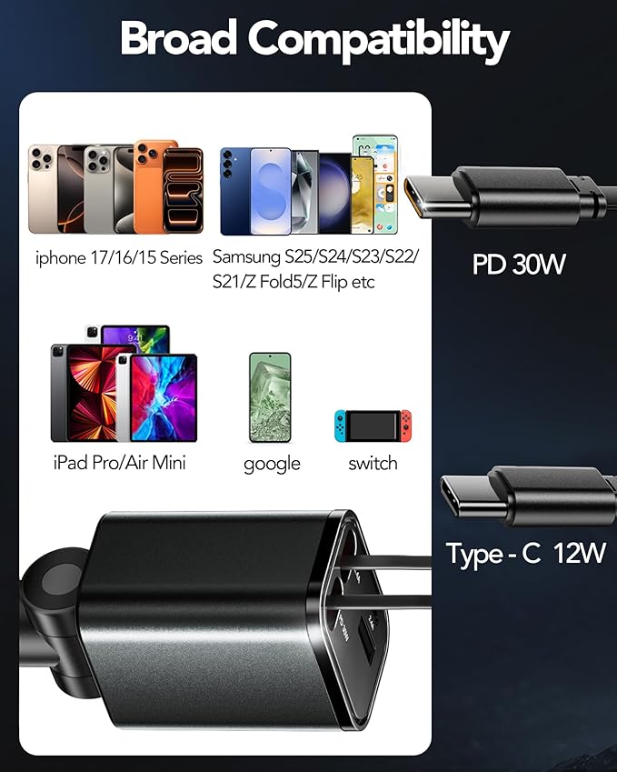 69W Fast Charging USB C Car Charger, 4-in-1 Retractable Phone Charger for iPhone 17, Travel Essentials, Gifts for Women Men, Car Accessories for Women Men, for iPhone 17 16 15 14 13, Galaxy, Pixel