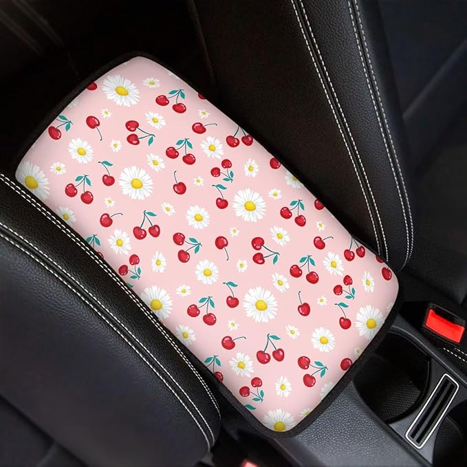 Mintutlipy Pink Cherry Automotive Center Console Cover Storage Box Mat Car Accessories Decoration Waterproof Car Armrest Protector