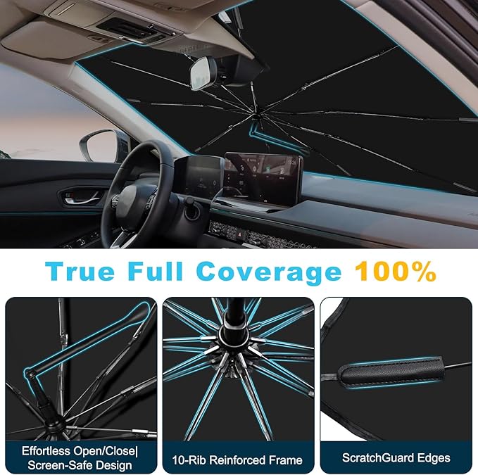 2025 Upgrade Windshield Sun Shade Umbrella Custom Fit for Ford Ranger 2019-2025 Foldable UV Protection Car Cover, Emergency Rain Shield & Dashboard Protector - Durable Auto Accessory
