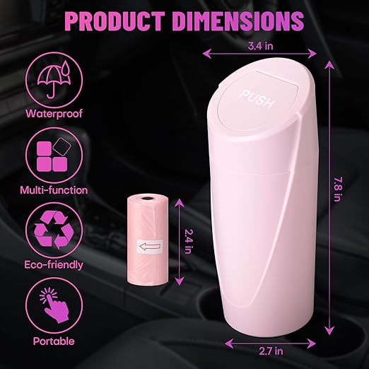 SGLRT Car Trash Can Bin with Lid - Car Garbage Can Cup Holder - Pink Mini Leakproof Vehicle Garbage Bin with 20pcs Trash Bags - Automobile Organizers and Storage for Front Back Seat Accessories