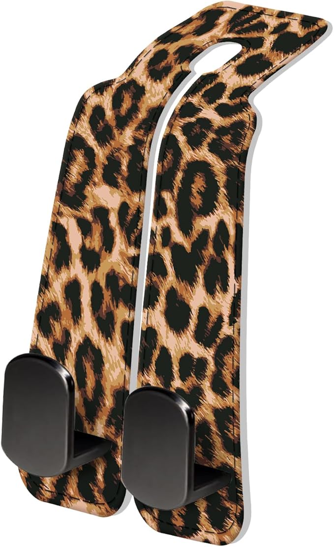 AXRQLSU PU Leather Car Seat Hook, Storage Headrest Hanger, Cute Car Backseat Organizer, Car Hooks For Purses and Bags Brown Leopard Print