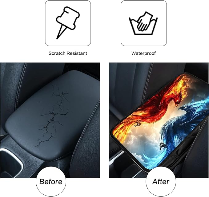 JANENFNA Car Armrest Cover Pads Universal Fashion Cute Auto Center Console Armrest Cover Pad with 2PCS Car Coasters Soft Waterproof Car Armrest Seat Protector for Women,LCE Fire Phoenix