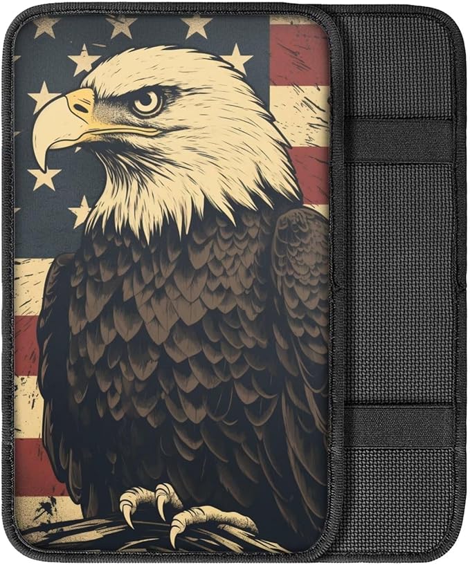 Car Center Console Pad, Universal Waterproof Car Armrest Seat Box Cover, Car Interior Accessories for Most Vehicle SUV Truck Vintage American Flag Eagle Car Armrest Pad