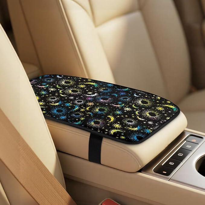 Qeluxign Auto Seat Covers with Car Center Console Cover, Colorful Moon Star Belt Cover PU Leather Breathable Full Set Bucket Seat Covers, Pack of 5, Universal Fit for Sedan,SUV