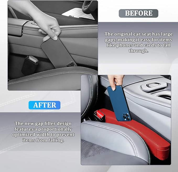 2PCS Car Seat Gap Filler, Leather Vehicle Seat Crevice Blocker Stopper to Prevent Things from Dropping, No-Drop Automotive Interior Console Catcher Plug, Universal for Vehicles (Red)