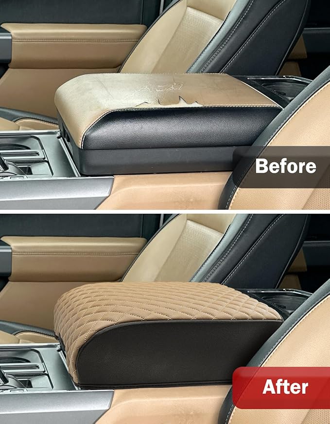 KBH Center Console Armrest Cover for 2021-2026 Ford F150, PU Leather, Middle Console Lid Protector, Arm Rest Cushion Thick Pad, Baja Tan (Fits Bucket Seat Console Only)