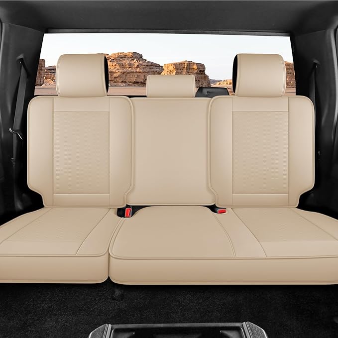 EQUIDEVDY Seat Covers for Chevy Silverado GMC Sierra,2007-2025 1500/2500/3500HD Crew,Double,Extended Cab Truck Breathable & Waterproof Faux Leather Seat Covers(Beige Full Set)
