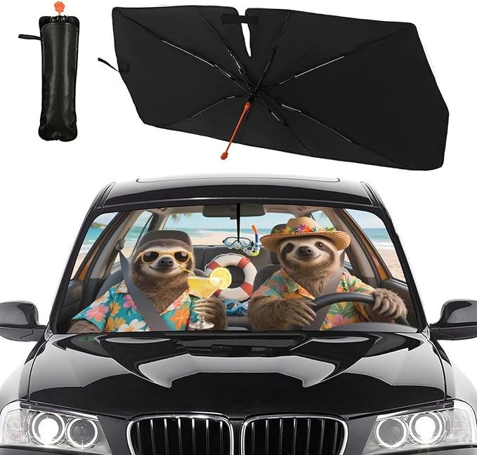 DOPINDU Funny Sloth Car Windshield Sun Shade Umbrella Bendable Handle Foldable Animal Print Sloth Sunshade for Car Windshield Block UV Rays Keep Vehicle Cool for Most Sedans SUV Trucks Cars 57"x30"