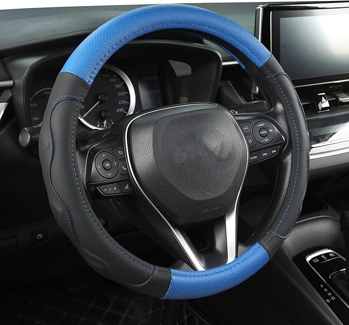 West Llama 3D Texture Steering Wheel Cover for Toyota, Anti-Slip Design, Premium Leather, Custom Fit for 14.5-15 inch, Stylish Interior Decoration(Blue+Black-Standard Size)