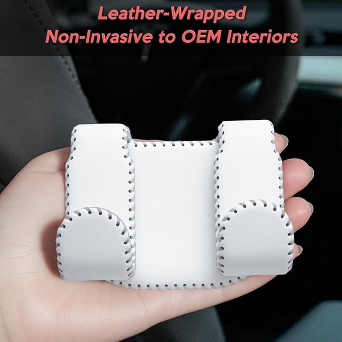 Car Seat Hooks for Tesla Model Y(Juniper) Model 3(Highland), Leather-Wrapped with Stainless Steel Core & Handmade Stitching, Purse Hanger Bag Holder, Automotive Seat Back Organizers (White-2 Pack)