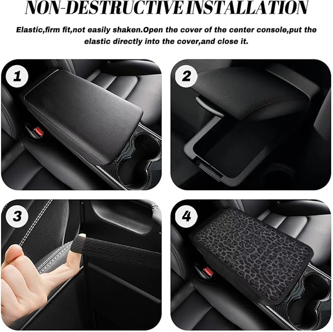 Dreaweet Black Leopard Print Car Accessories Center Console Cover,Car Armrest Cover Cushion with 2 Storage Bags,Cheetah Pirnt Car Arm Rest Cover Pad Universal for Most Vehicles