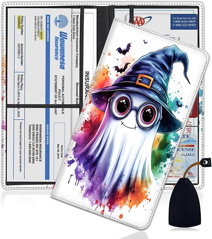 Car Registration Holder, PU Leather Vehicle Glove Box Organizer for Driver License, Document, Car Insurance Holder with Magnetic Shut, Auto Paperwork Wallet Case Accessories, Ghost Witch Hat Halloween