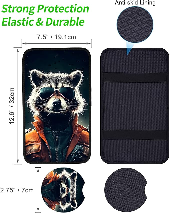 JANENFNA Car Armrest Cover Pads Universal Fashion Cute Auto Center Console Armrest Cover Pad with 2PCS Car Coasters Soft Waterproof Car Armrest Seat Protector for Women,Cool Raccoon Pattern