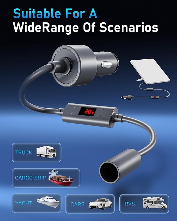 Starlink Mini Car Adapter 12V to 20V Step-Up Converter, 60W Car Cigarette Lighter Charger with LED Display, Supports Official 15m & 30m DC Cable, Stable Power for RV Camping, Trucking, Marine Use