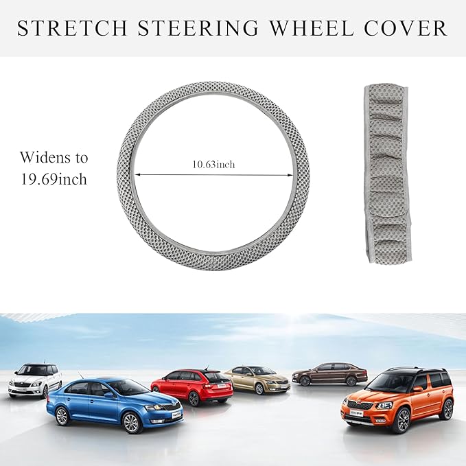 Elastic Steering Wheel Cover, 15"×15" Comfy Breathable Stretch Steering Wheel Protector, Ice-Silk Cloth Polyester Steering Wheel Cover for Men Women, Car Accessories (Gray)