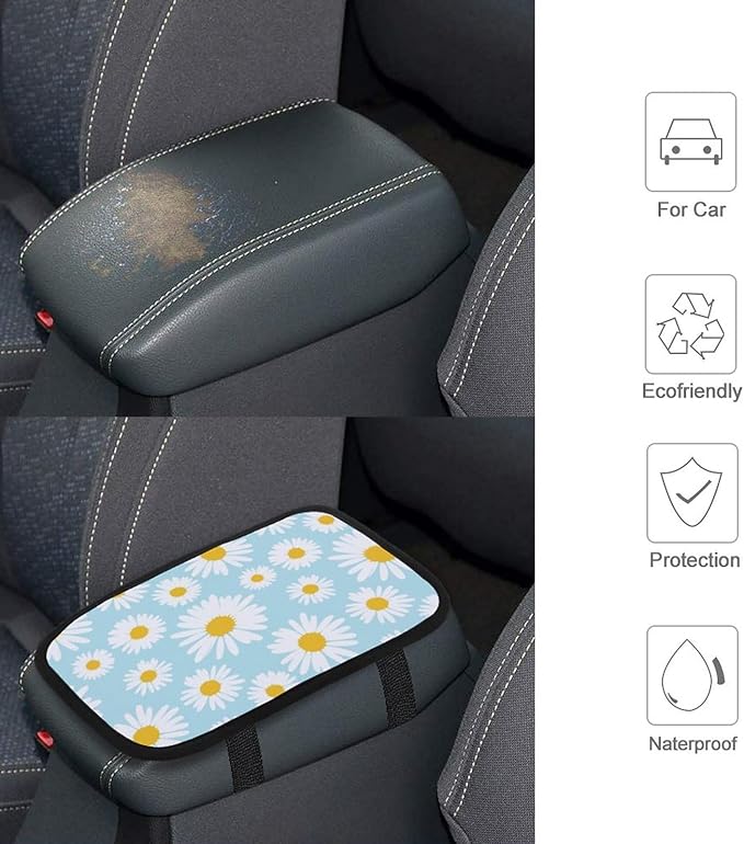 for Sky Blue Daisy Flowers Car Center Console Armrest Cover for Men Universal Arm Rest Pad Handrail Box Cushion Auto Accessories