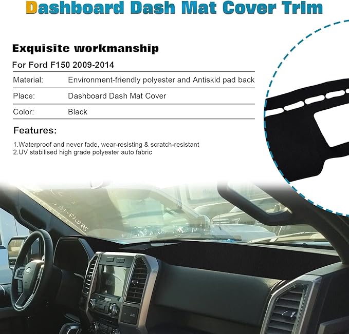 x xotic tech Center Console Dashboard Die-Cut Antiskid Overlay Decor Cover Sunshield Sun Glare Protector Dash Mat Carpet Pad Black Compatible with Ford F150 2009-2014