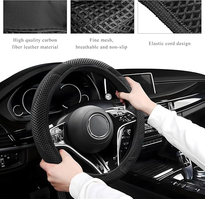 Elastic Stretch Steering Wheel Cover, Warm in Winter and Cool in Summer, Universal 15 inch Microfiber Breathable Ice Silk Anti Slip Car Interior Accessories, Odorless, (Black)