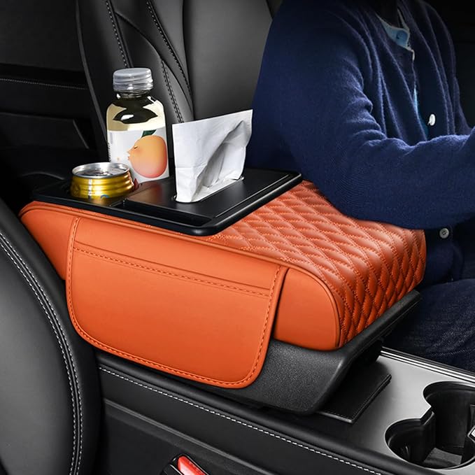 Car Center Console Armrest Pad, Arm Rest Box Cushion with Ergonomic Height Boost, Storage Pockets, Built-in Tissue Box, Cupholder, Fit for Most Sedan Vehicles (Embroidery Water Ripple, Burgundy)