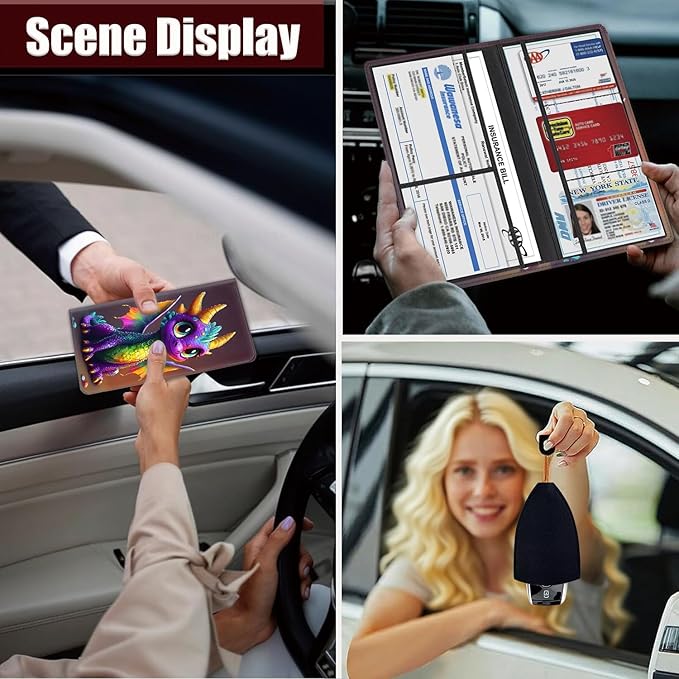 Car Document Holder with Magnetic Shut, Car Registration and Insurance Card Holder, Vehicle Glove Box Organizer Documents, Driver License, Auto Paperwork Organizer Wallet, Colorful Baby Dragon Pattern