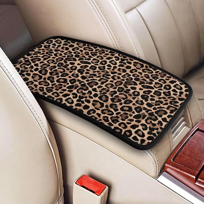 Car Center Console Cushion Pad Brown Leopard Cheetah Arm Rest Lid Cover Universal Armrest Seat Box Covers Protector Comfortable Cars Decor Accessories Fit for Most Vehicles SUV Truck Sedans