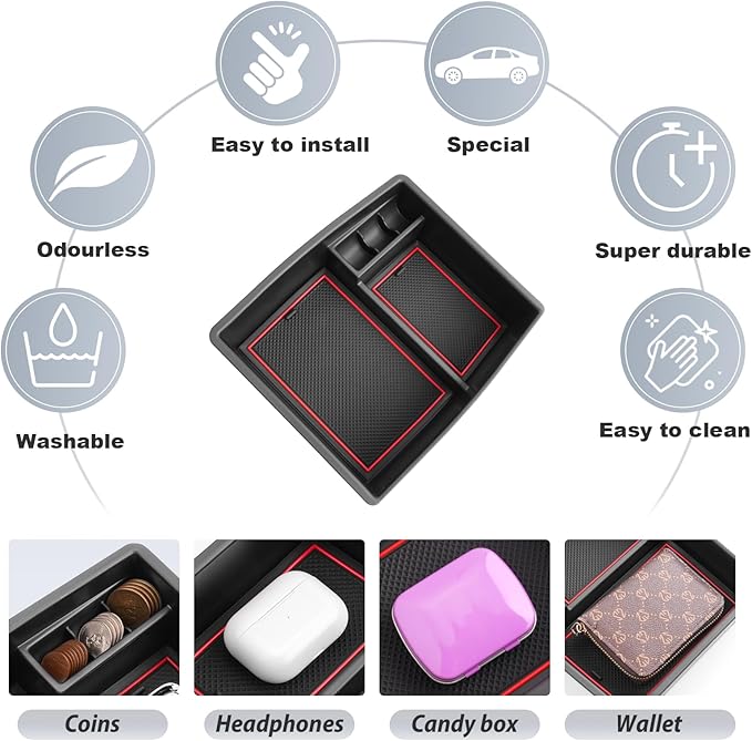 SKTU 2024 2025 2026 Tacoma Center Console Organizer 2024 2025 2026 Tacoma (SR/SR5/TRD/Limited/Trailhunter/TRD Pro) Console Tray Tacoma 2024 2025 2026 Accessories with Coin Holder (Red)