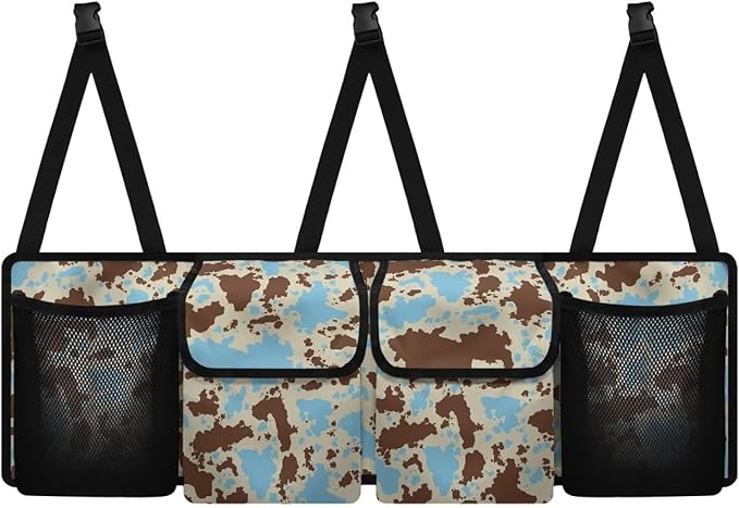 SEANATIVE Blue Brown Cow Car Trunk Organizer, Backseat Hanging Organizer with 4 Pockets, Waterproof Collapsible Cargo Storage Bag, Car Interior Accessories Car Seat Organizer for SUV, Truck, MPV