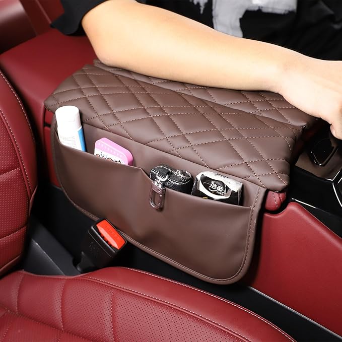 Car Center Console Cover Compatible with BMW 5 Series G60 2024 Sedan,Center Seat Armrest Cover Pad Leather Cushion Anti-Scratch Protector with Side Mobile Phone Storage Pockets 2PCS (Coffee Color)