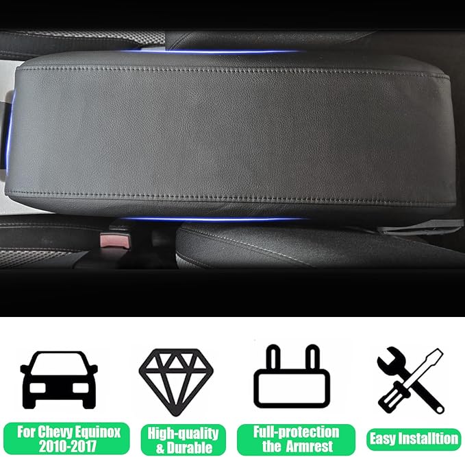 Center Console Cover for Chevy Equinox/GMC Terrain 2010-2017, Premium Armrest Lid Cover for Chevy Equinox GMC Terrain Interior Accessories (Black with Black Stitches)