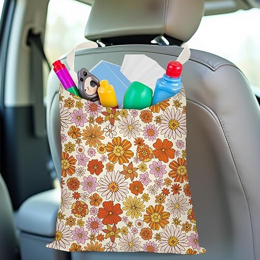 Pykfrhh Car Trash Bag, Car Garbage Bag, Car Trash Bag Hanging, Waterproof Car Back Seat Organizer, Car Trash Can for Car Accessories, Vehicle, Travelling, Camping, Flower Daisy Sunflower Rose Decor
