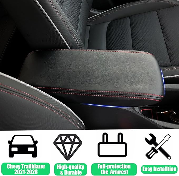 Center Console Cover for Chevy Trailblazer 2026 2025-2021- Scratch-Resistant & PU Leather Middle Console Cover for Chevy Trailblazer 2021-2026 Interior Accessories (Red Stitches)