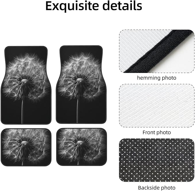 Black and White Dandelion Car Floor Mats,4 Piece, Car Rug Durable Anti-Slip Waterproof Trim to Fit Liner Universal Fit Auto,Sedan,SUV,Truck