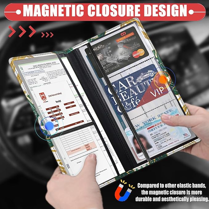 Car Registration Holder, Waterproof PU Leather Vehicle Card Document Glove Box Organizer, Women Interior Auto Accessories Case for Cards, Driver License Car Insurance Holder, Tropical Leaves Botanical