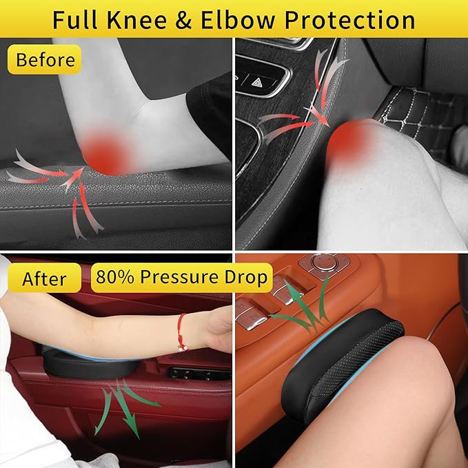 2PCS Car Knee Cushion Pad, Car Door Knee Pad Rest Cushion, Center Console Car Knee Pad Protector, Memory Foam Compact Knee Support with Hook & Loop, Nappa Leather Car Knee Support Cushion (Black)