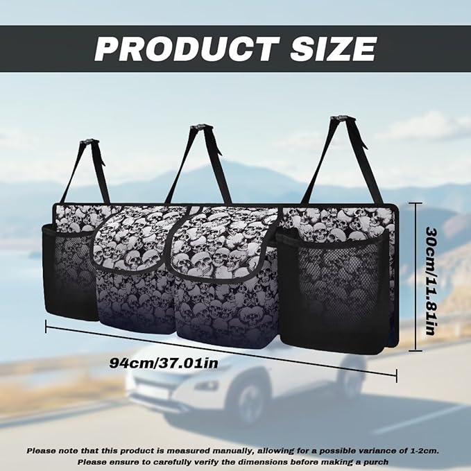 Skull Car Trunk Organizer Oxford Cloth, Machine Washable Car Storage Organizer (37.01"*11.8") Portable Car Storage Bag with 4 Pocekt, Hanging Car Organizer for SUV/MPV/Truck