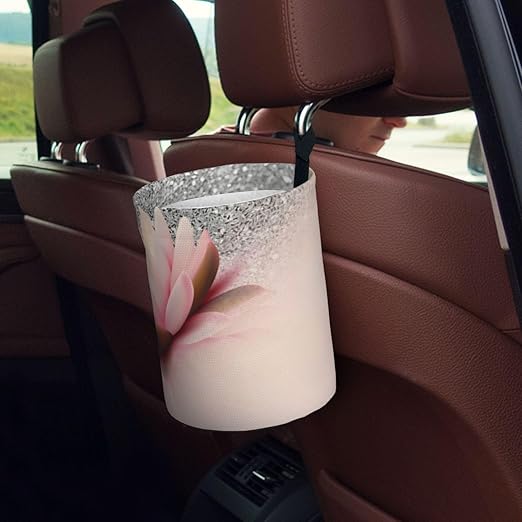 Trendy Girly Lotus Silver Car Trash Can Leak Proof Hanging Waterproof Garbage Can Multipurpose Trash Bin for Car SUV Front Seat Headrest Collapsible and Portable Storage Pocket