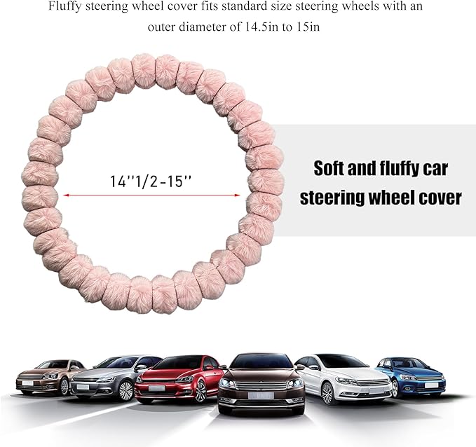 Fluffy Car Steering Wheel Cover, 14.5-15 Inches Anti-Slip Plush Fuzzy Steering Wheel Protector, Soft Warm Steering Wheel Cover Interior Decor for Women Girl, Car Accessories (Pink)